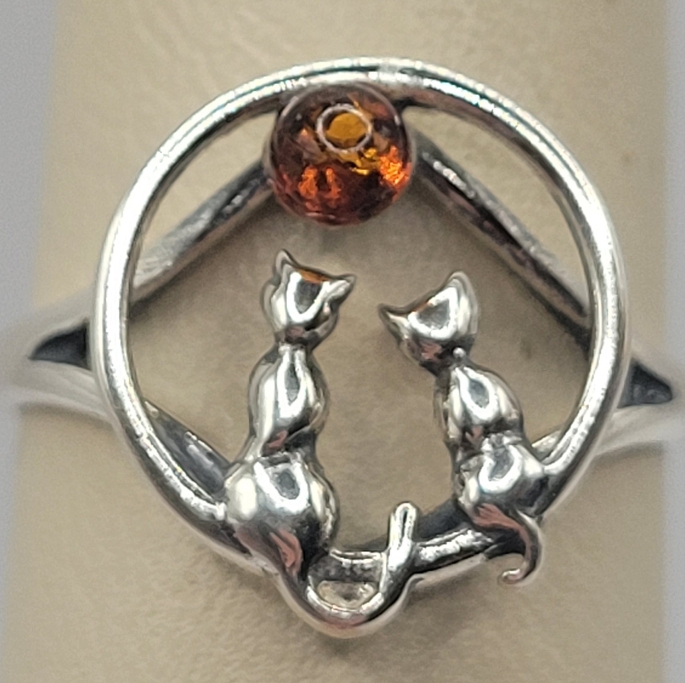 925 Sterling Silver Cat Ring Amber Stone Handmade Womens Size 8.5 Cute Unique - Picture 2 of 6